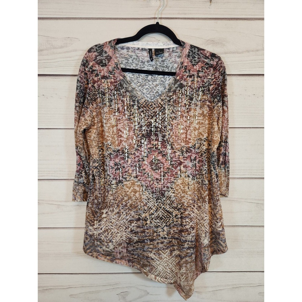 New Directions Tunic Top Brown Size Large Beaded V-Neck Sharkbite Hem 3/4 Sleeve